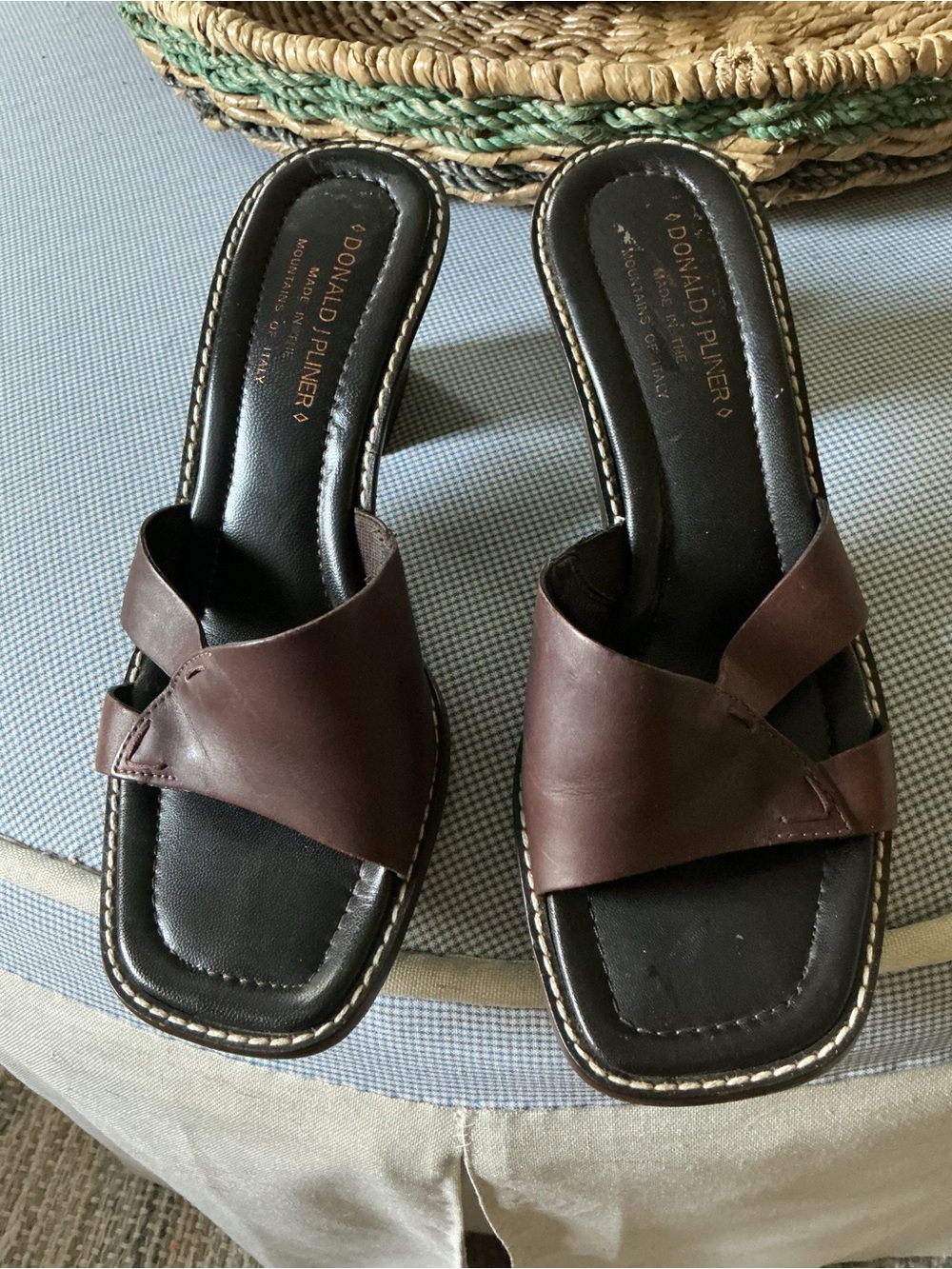 Donald J. Pliner Brown Leather Crossband Slide Mules